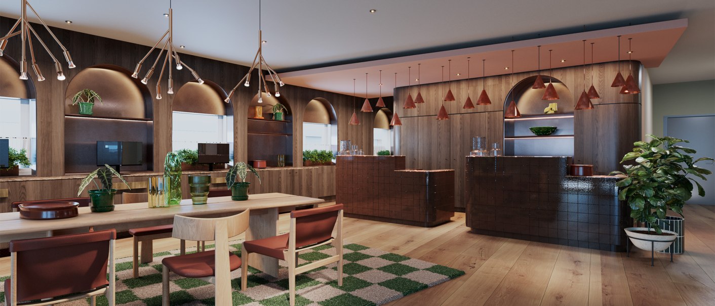 Moderne Rezeption mit Holzmöbeln, Pflanzen und stilvollen Lampen. Der Boden ist aus Holz, und es gibt eine grün-weiße Teppichfläche., © Scandic Hotels Moderne Rezeption mit Holzmöbeln, Pflanzen und stilvollen Lampen. Der Boden ist aus Holz, und es gibt eine grün-weiße Teppichfläche., © Scandic Hotels