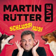 A man covers his ears while two dogs seem to bark at him. Text: Martin R&uuml;tter Live, Enough! Off!, &copy; links im Bild