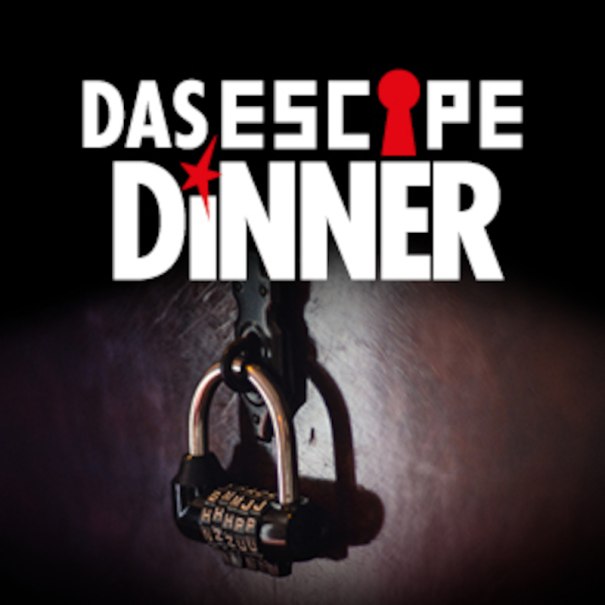 A padlock with a numerical code hangs on a dark wall. Above it is the lettering 'Das Escape Dinner' in white lettering with a red accent., &copy; engesser marketing GmbH