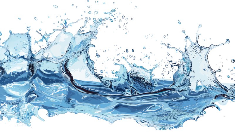 Dynamische Darstellung von spritzendem Wasser mit Wellen und Tropfen auf weißem Hintergrund., © Bild: IZKT