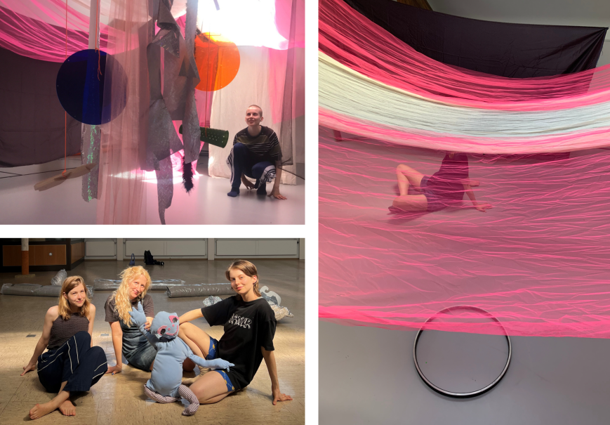 Collage aus drei Bildern: Personen in künstlerischen Installationen mit bunten Stoffen und Objekten. Eine Gruppe sitzt mit einer Puppe auf dem Boden., © Alexandra Haas & Lynn Scheidweiler Collage aus drei Bildern: Personen in künstlerischen Installationen mit bunten Stoffen und Objekten. Eine Gruppe sitzt mit einer Puppe auf dem Boden., © Alexandra Haas & Lynn Scheidweiler