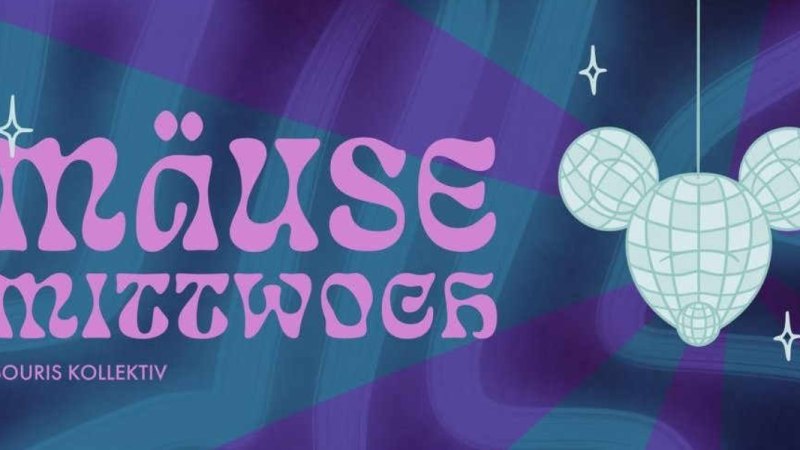 Bunte Grafik mit dem Text 'Mäuse Mittwoch' in lila Schrift und einer Disco-Kugel in Form von Mausohren auf blauem Hintergrund., © Kollektiv souris
