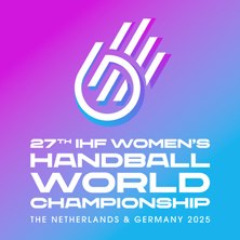 Logo der 27. IHF Frauen-Handball-Weltmeisterschaft 2025 in lila und blau., © links im Bild Logo der 27. IHF Frauen-Handball-Weltmeisterschaft 2025 in lila und blau., © links im Bild