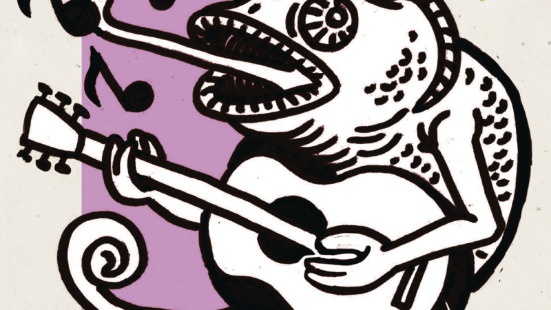 Ein Chamäleon spielt Gitarre und singt, während Musiknoten um es herum schweben. Der Hintergrund ist lila., © Feierabendkollektiv Ein Chamäleon spielt Gitarre und singt, während Musiknoten um es herum schweben. Der Hintergrund ist lila., © Feierabendkollektiv