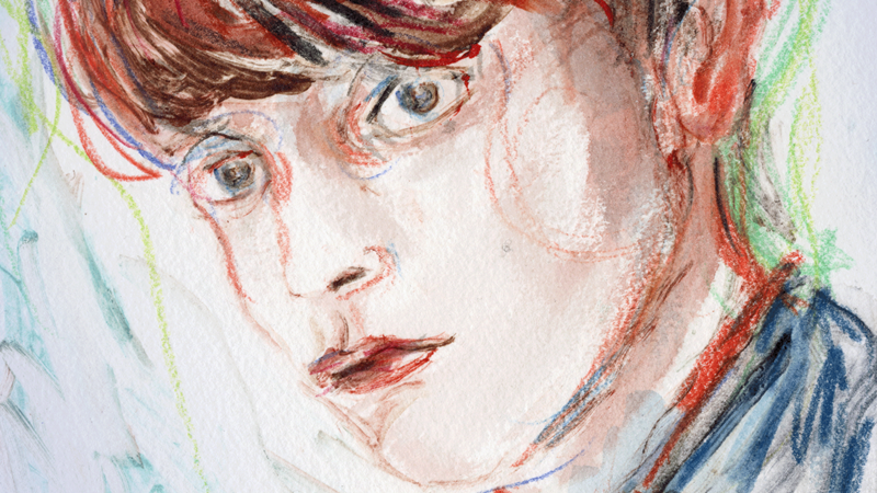 Aquarellporträt einer Person mit roten Haaren und blauen Augen, ausdrucksstarker Blick, weiche Farben und Linien., © Württembergische Staatstheater Stuttgart Aquarellporträt einer Person mit roten Haaren und blauen Augen, ausdrucksstarker Blick, weiche Farben und Linien., © Württembergische Staatstheater Stuttgart