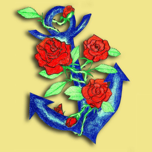 Ein blauer Anker, umrankt von roten Rosen und grünen Blättern, vor einem gelben Hintergrund., © Rosenau Kultur e.V. Ein blauer Anker, umrankt von roten Rosen und grünen Blättern, vor einem gelben Hintergrund., © Rosenau Kultur e.V.