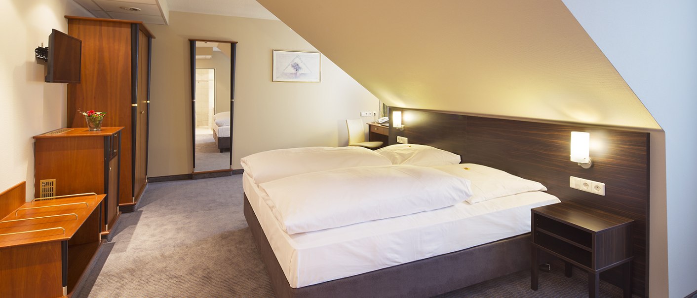 A cozy double room with sloping ceiling, double bed, desk, mirror and TV. Warm wooden furniture and soft lighting create an inviting atmosphere., &copy; Erikson Hotel