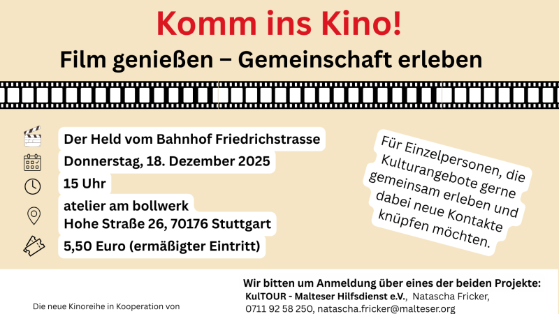 Einladung zu einem Kinobesuch am 18. Dezember 2025 um 15 Uhr im atelier am bollwerk in Stuttgart. Ermäßigter Eintrittspreis von 5,50 Euro., © KulTogether Einladung zu einem Kinobesuch am 18. Dezember 2025 um 15 Uhr im atelier am bollwerk in Stuttgart. Ermäßigter Eintrittspreis von 5,50 Euro., © KulTogether
