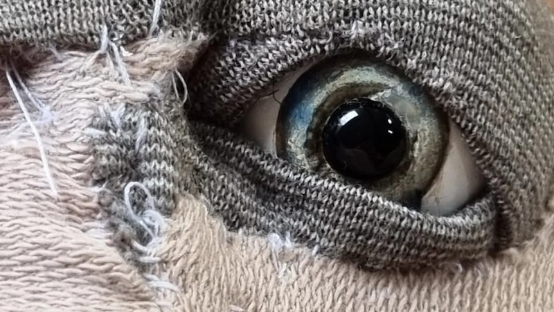 Nahaufnahme eines Stofftiers mit einem großen, ausdrucksstarken Auge und sichtbaren Nähten., © FITZ Das Theater animierter Formen Nahaufnahme eines Stofftiers mit einem großen, ausdrucksstarken Auge und sichtbaren Nähten., © FITZ Das Theater animierter Formen