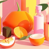 Stylized picture with colourful fruits, bottles and geometric shapes in warm colors. Modern, artistic design., &copy; AI-generated