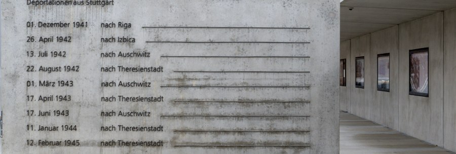 Gedenkst&auml;tte mit Inschrift zu Deportationen aus Stuttgart w&auml;hrend des Zweiten Weltkriegs. Daten und Ziele der Deportationen sind auf einer Betonwand eingraviert., &copy; Foto-Kunst Andreas Keller