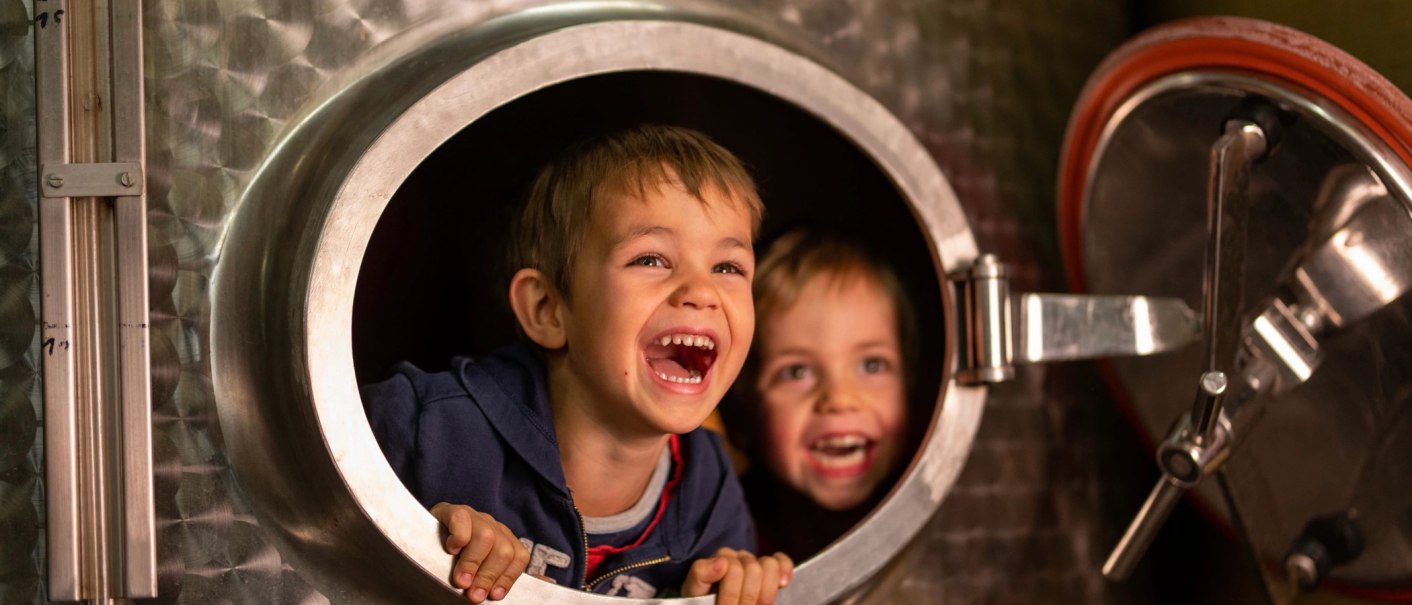 Two children laugh happily out of the round opening of a large metal container., © Weingut Zaiß