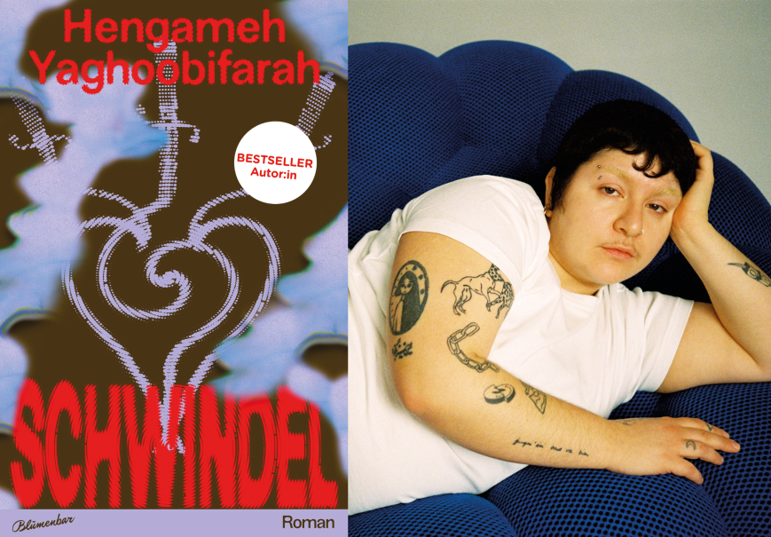 Buchcover von 'Schwindel' neben einer Person mit Tattoos, die auf einem blauen Sessel liegt., © Lior Neumeister Buchcover von 'Schwindel' neben einer Person mit Tattoos, die auf einem blauen Sessel liegt., © Lior Neumeister