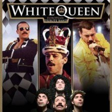 Poster der Tribute-Band White Queen mit Bandmitgliedern in ikonischen Kostümen und Posen., © links im Bild Poster der Tribute-Band White Queen mit Bandmitgliedern in ikonischen Kostümen und Posen., © links im Bild