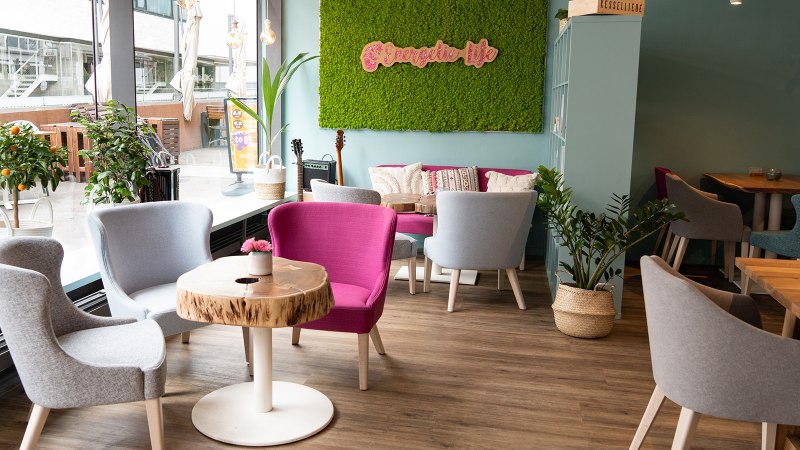 Bright café with modern gray and pink chairs, wooden tables and green plants. Large window front and green moss wall with "Energetic life" lettering., © � 2022 Anastasiia Vovk, all rights reserved.