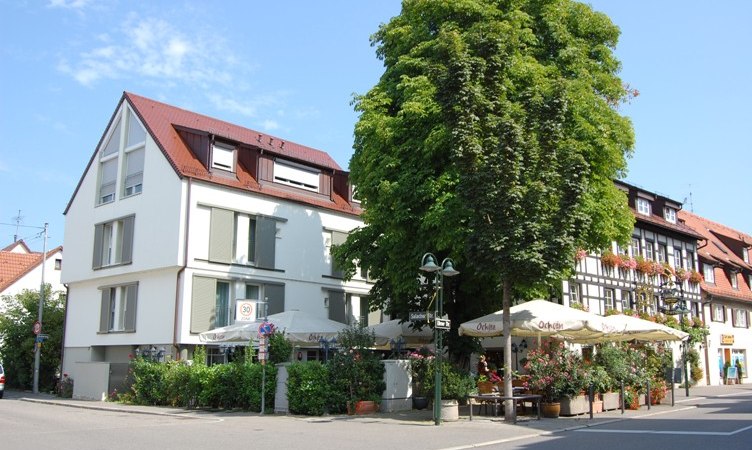 Moderne und traditionelle Gebäude an einer Straßenecke, mit einem großen Baum und einem Café mit Sonnenschirmen., © Jeanette Bender