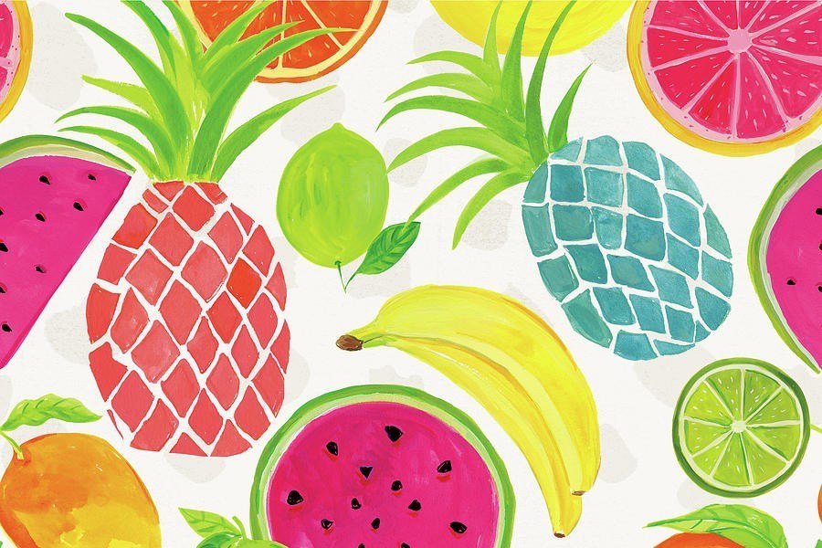 Bunte tropische Fr&uuml;chte wie Ananas, Wassermelone und Zitrusfr&uuml;chte auf wei&szlig;em Hintergrund illustriert., &copy; Farida Zaman