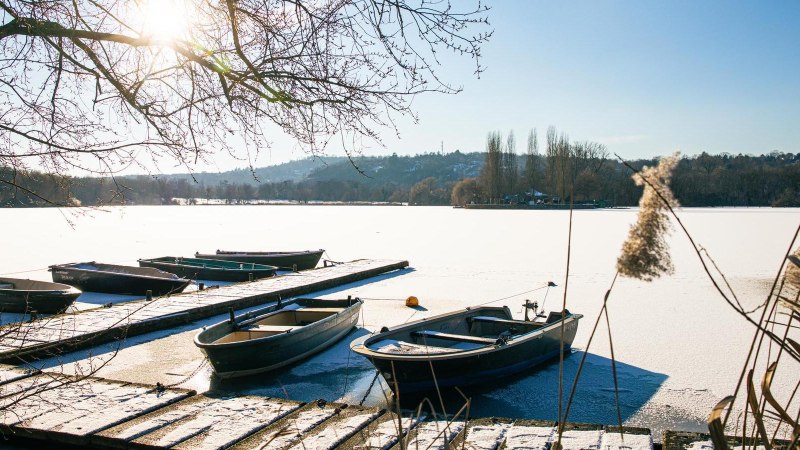 Verschneite Boote liegen an einem Steg am Max-Eyth-See. Die Sonne scheint durch die kahlen &Auml;ste, w&auml;hrend der See gefroren ist., &copy; Stuttgart-Marketing GmbH, Sarah Schmid