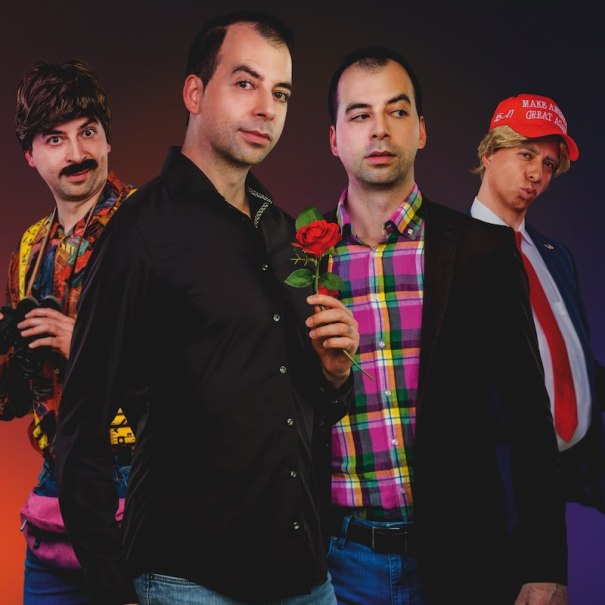 Four men in different outfits and poses. One is holding a rose, another is wearing a red cap. The background is dark., &copy; Renitenztheater Stuttgart e.V.