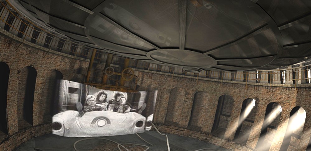 Rundes Geb&auml;ude mit Kuppeldecke, Projektor in der Mitte, Filmleinwand zeigt ein Schwarz-Wei&szlig;-Bild. Lichtstrahlen fallen durch Fenster., &copy; Planetarium Stuttgart