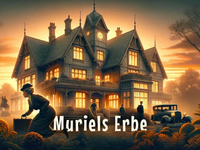 A woman with a suitcase creeps in front of a large, illuminated mansion at sunset. The title 'Muriel's Legacy' is visible in the foreground., &copy; TeamEscape Stuttgart