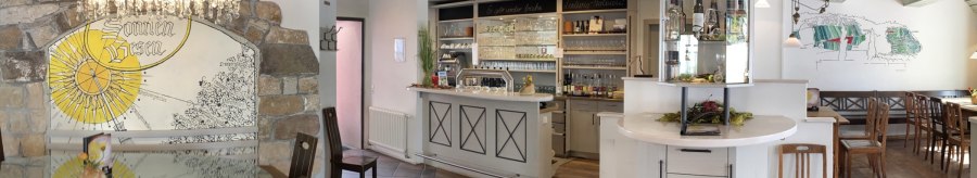 Rustic restaurant with wooden furniture, bar and decorative wall with "sun broom" motif. Cozy atmosphere with chandelier and wine rack., © Weingut Zaiß