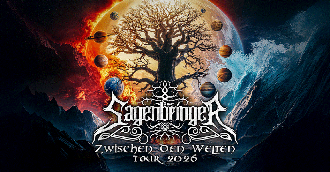 Ein beeindruckendes Poster f&uuml;r die 'Sagenbringer - Zwischen den Welten Tour 2026' mit einem zentralen Baum, umgeben von Planeten und kontrastierenden Landschaften., &copy; links im Bild