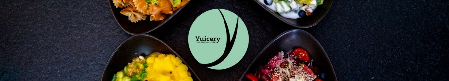 Four bowls with colorful salads and ingredients, including pasta, fruit and vegetables, on a black background. Yucery" logo in the center., © Yuicery