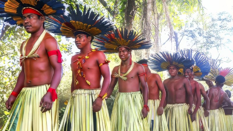 Männer in traditioneller Kleidung mit großen, bunten Kopfbedeckungen marschieren durch einen Wald. Sie tragen Röcke aus Pflanzenfasern., © Linden-Museum Stuttgart Männer in traditioneller Kleidung mit großen, bunten Kopfbedeckungen marschieren durch einen Wald. Sie tragen Röcke aus Pflanzenfasern., © Linden-Museum Stuttgart