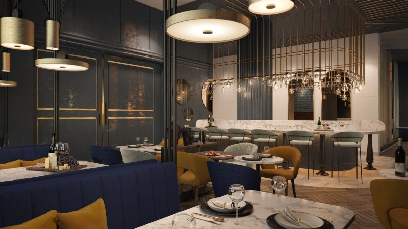 Elegantes Restaurant mit Marmortischen, blauen und gelben Stühlen, modernen Lampen und einer stilvollen Bar im Hintergrund., © Pullman Stuttgart Fontana Elegantes Restaurant mit Marmortischen, blauen und gelben Stühlen, modernen Lampen und einer stilvollen Bar im Hintergrund., © Pullman Stuttgart Fontana