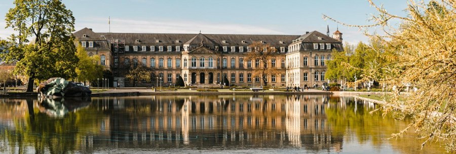 Das Neue Schloss Stuttgart spiegelt sich im Wasser. Umgeben von Bäumen und einem klaren Himmel, bietet es eine malerische Ansicht., © Stuttgart-Marketing GmbH, Sarah Schmid Das Neue Schloss Stuttgart spiegelt sich im Wasser. Umgeben von Bäumen und einem klaren Himmel, bietet es eine malerische Ansicht., © Stuttgart-Marketing GmbH, Sarah Schmid