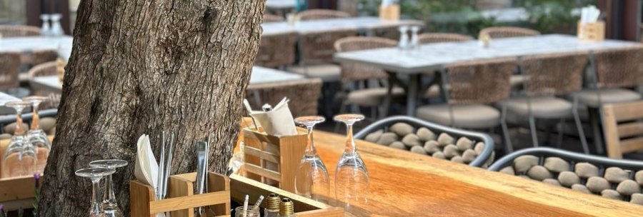 An outdoor wooden table with a tree in the middle, surrounded by chairs and set tables in a restaurant., © Meze Meze