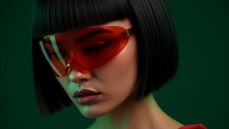 Eine Frau mit glattem, schwarzem Bob tr&auml;gt eine futuristische rote Brille und ein rotes Kleid. Der Hintergrund ist dunkelgr&uuml;n., &copy; Radiant Nexus