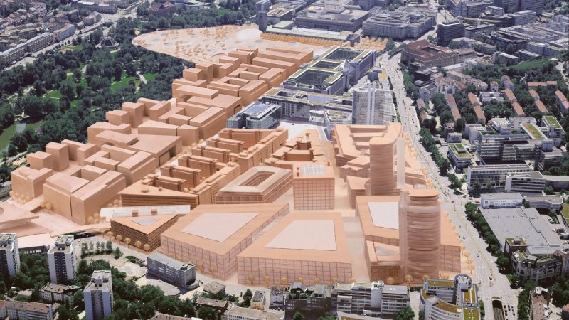 Luftaufnahme von Stuttgart mit visualisierten Bauprojekten. Die geplanten Gebäude sind in orange dargestellt, umgeben von bestehenden Strukturen und Grünflächen., © Aldinger und Wolf