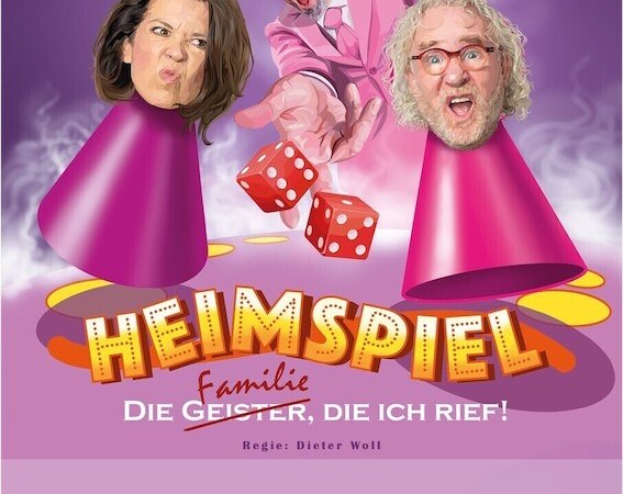 Theaterplakat mit schwebenden Köpfen und Würfeln, Titel 'Heimspiel – die Familie, die ich rief', Regie: Dieter Woll., © Theaterhaus Stuttgart e.V.