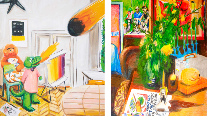 Zwei Gemälde zeigen surreale Szenen mit leuchtenden Farben. Links ein grünes Krokodil und ein Affe, rechts Blumen und Zeitschriften auf einem Tisch., © Yana Duga Zwei Gemälde zeigen surreale Szenen mit leuchtenden Farben. Links ein grünes Krokodil und ein Affe, rechts Blumen und Zeitschriften auf einem Tisch., © Yana Duga