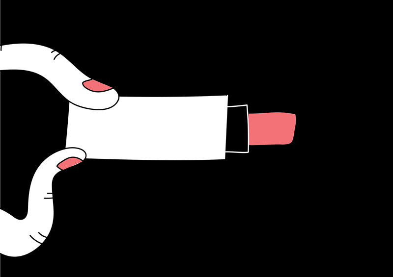 Eine Hand hält einen Lippenstift mit rosa Farbe auf schwarzem Hintergrund. Die Illustration ist minimalistisch gestaltet., © Württembergische Staatstheater Stuttgart
