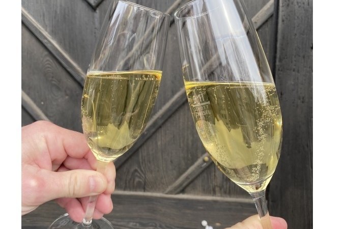 Zwei gefüllte Sektgläser stoßen vor einem dunklen Holzhintergrund an. Die Gläser sind mit prickelndem Sekt gefüllt., © Weingenuss Stuttgart