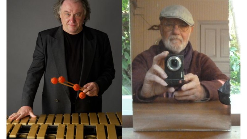 Links ein Mann mit Vibraphon, rechts ein Mann, der ein Selfie im Spiegel macht. Beide wirken konzentriert., © Th.Ceska & P.Schlack Links ein Mann mit Vibraphon, rechts ein Mann, der ein Selfie im Spiegel macht. Beide wirken konzentriert., © Th.Ceska & P.Schlack