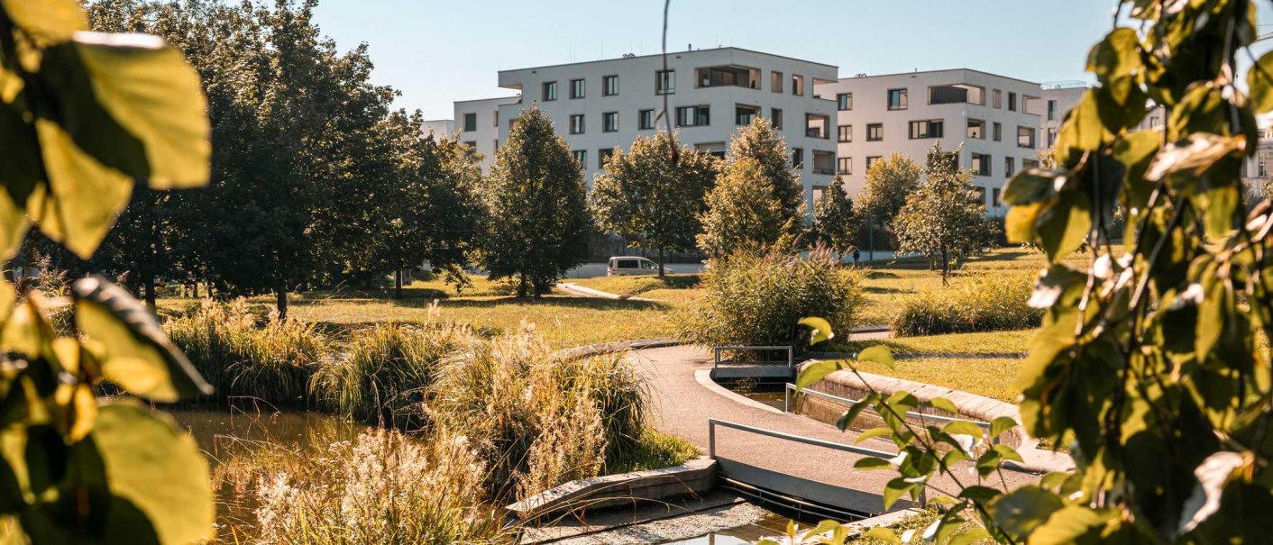 Moderne Wohngebäude im Wohngebiet Killesberghöhe, umgeben von grüner Parklandschaft und Bäumen, mit einem kleinen Wasserlauf im Vordergrund., © Stuttgart-Marketing GmbH, Sarah Schmid