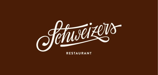 Logo of the restaurant 'Schweizers' in curved lettering on a brown background., © Schweizers Restaurant