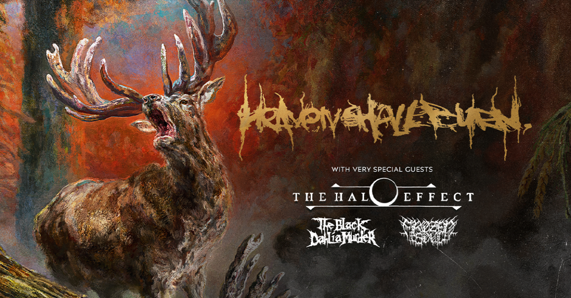 Ein Poster f&uuml;r die 'Heaven Shall Burn - Heimat Over Europe Tour 2026' zeigt einen Hirsch vor einem feurigen Hintergrund. Gastbands sind ebenfalls aufgef&uuml;hrt., &copy; links im Bild