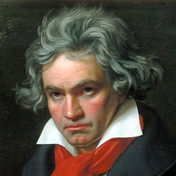 Porträt von Ludwig van Beethoven mit grauem, welligem Haar und ernstem Blick. Er trägt einen roten Schal und einen schwarzen Mantel., © Gemälde