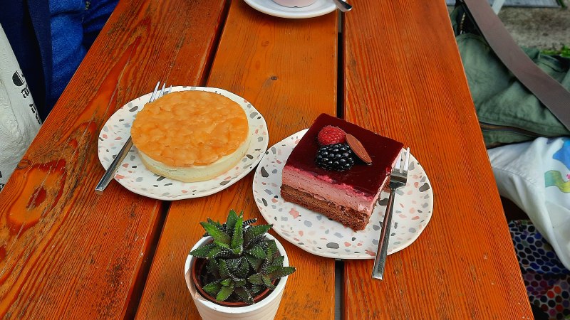 Two pieces of cake on plates on a wooden table, with a small plant next to them. One cake is garnished with berries., © SMG Two pieces of cake on plates on a wooden table, with a small plant next to them. One cake is garnished with berries., © SMG