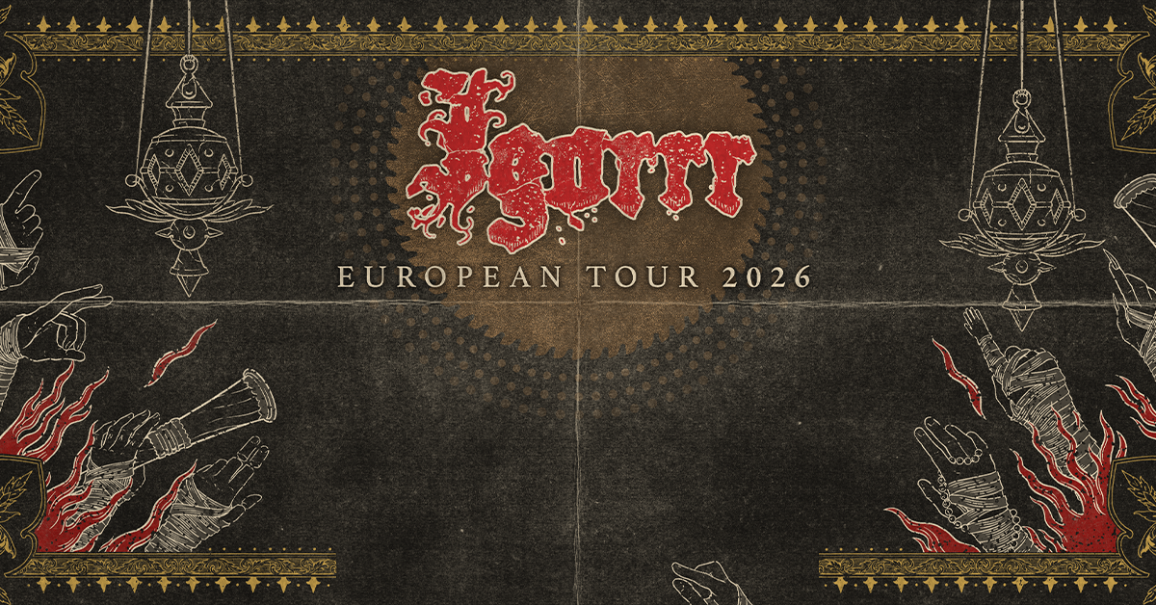 Poster der Igorrr European Tour 2026 mit kunstvollen Illustrationen von H&auml;nden und Ornamenten in Rot und Gold auf schwarzem Hintergrund., &copy; links im Bild