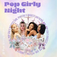 Vier Frauen posieren vor einem pastellfarbenen Hintergrund mit dem Text 'Pop Girly Night'. Umgeben von Blumen und Hasen., &copy; links im Bild