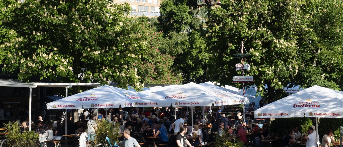 Beer garden in the palace gardens with lots of people under large parasols. A fountain in the foreground, surrounded by green trees and buildings in the background., © Michele Scognamillo