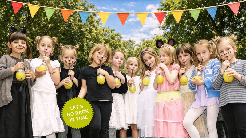Kinder in Tierkostümen trinken aus gelben Flaschen. Sie stehen unter einer bunten Wimpelkette im Freien. Ein Sticker sagt: "Let's go back in time"., © Heusteigviertel e.V. Kinder in Tierkostümen trinken aus gelben Flaschen. Sie stehen unter einer bunten Wimpelkette im Freien. Ein Sticker sagt: "Let's go back in time"., © Heusteigviertel e.V.