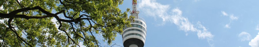 The Stuttgart television tower rises into the blue sky, surrounded by green tree branches., © Stuttgart-Marketing GmbH