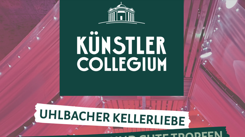 Logo des KünstlerCollegiums mit Text 'Uhlbacher Kellerliebe' und 'Kunst, Kultur und gute Tropfen' auf rotem Hintergrund., © Collegium Wirtemberg Logo des KünstlerCollegiums mit Text 'Uhlbacher Kellerliebe' und 'Kunst, Kultur und gute Tropfen' auf rotem Hintergrund., © Collegium Wirtemberg